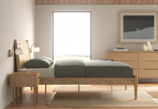 Kamar dengan interior bergaya skandinavia, desain sederhana, dan warna pastel